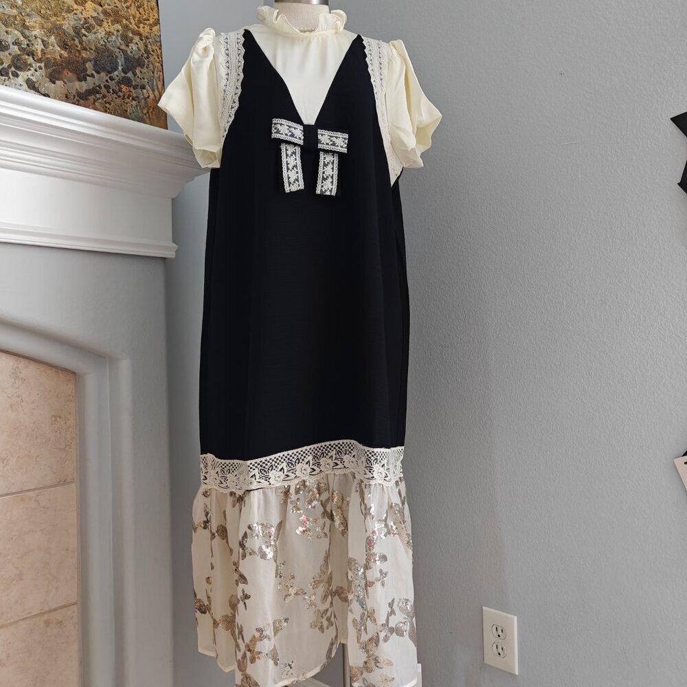 Vintage-inspired black(Midnight Blue) and ivory dress 913-8